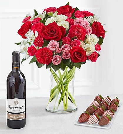 Deliciously Decadent Precious Love Bouquet, Strawberries, and Wine